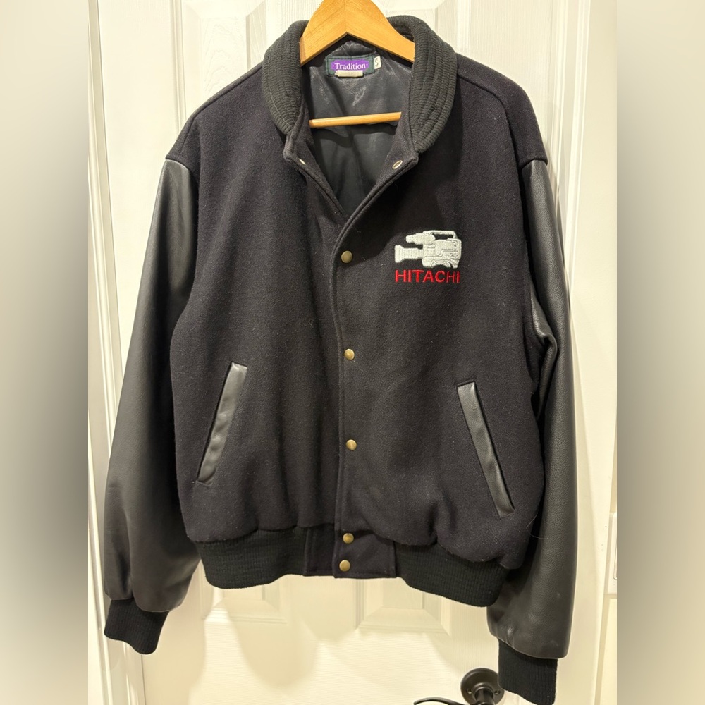 Vintage Hitachi cameras wool leather bomber jacket made Canada 90s